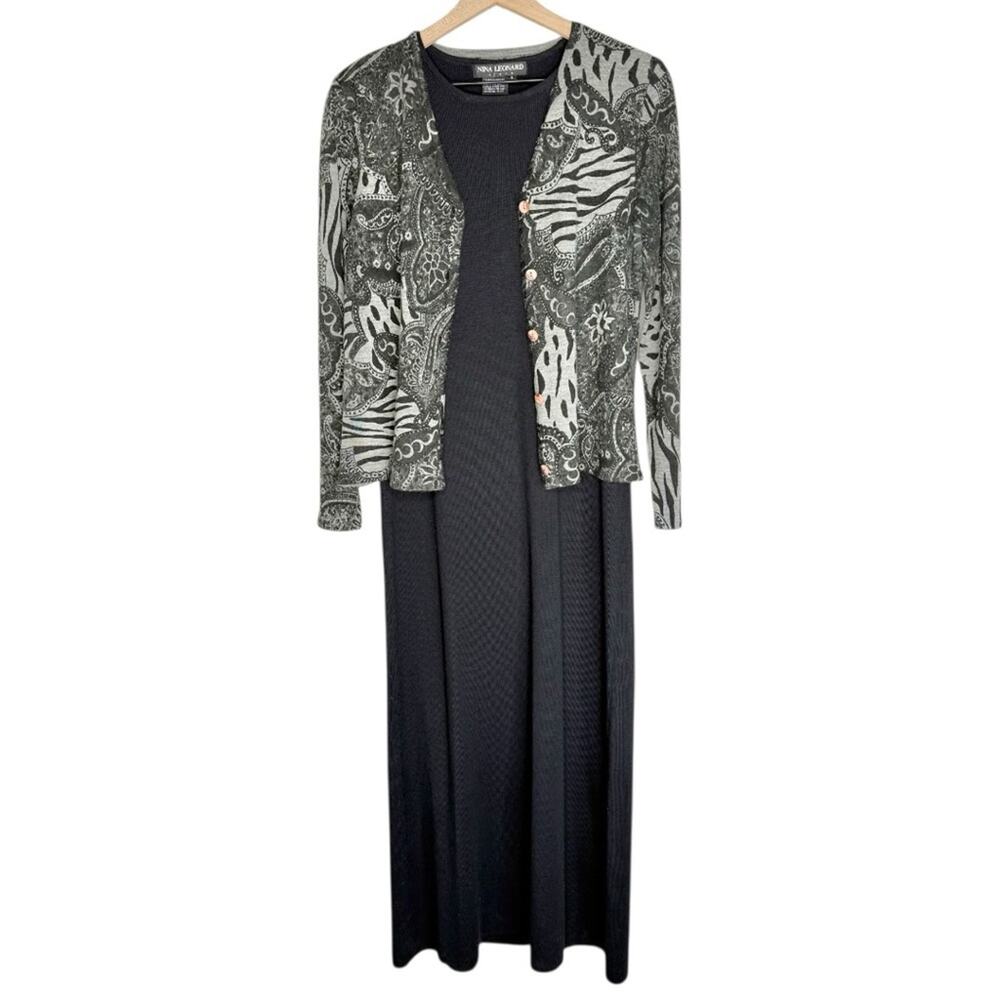 Vintage 90s Nina Leonard Maxi Sweater Dress Animal Paisley Print Black Knit S